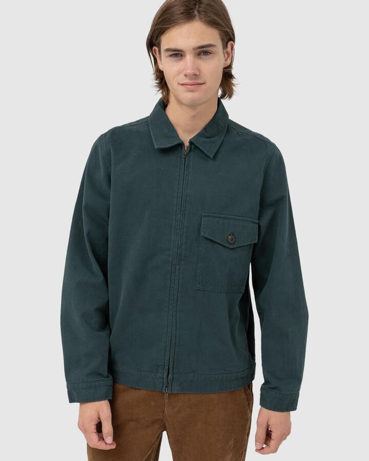 Image of a model wearing Outerwear. Productname: Rhythm - Mens Shop Coach Jacket - Kelp - in Kelp colour by brand - Rhythm