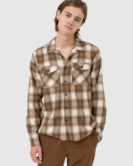 Image of a model wearing Tops. Productname: Rhythm - Mens Plaid Long Sleeve Shirt - Cedar - in Cedar colour by brand - Rhythm
