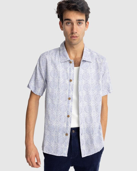 Image of a model wearing Tops. Productname: Rhythm Mens Parkway Short Sleeve Shirt Lavender - in Lavender colour by brand - Rhythm