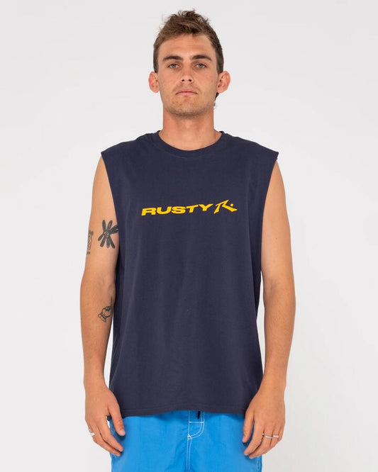 Image of a model wearing Tops. Product name - Rusty Mens Vital Tank Top Navy Blue in Navy Blue colour by brand - Rusty