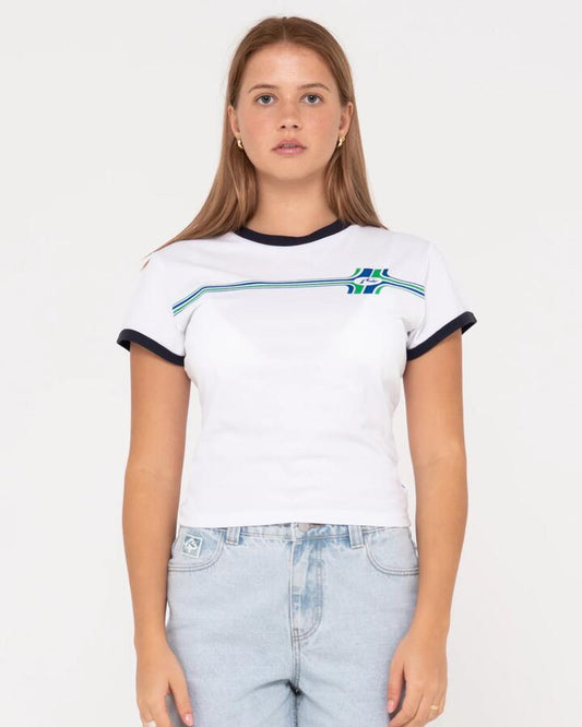 Image of a model wearing Tops. Product name - Rusty Womens Worldwide Short Sleeve Skimmer T-Shirt White in White colour by brand - Rusty