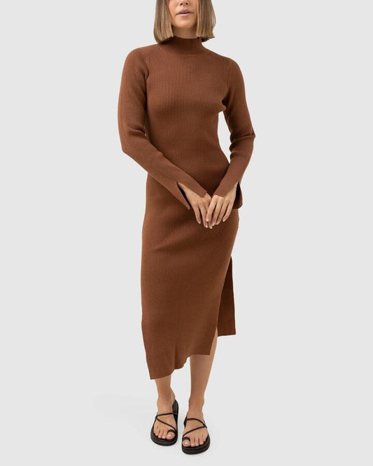 Image of Dresses. Productname: Rhythm - Womens Long Sleeve Knit Midi Dress - Chocolate - in Chocolate colour by brand - Rhythm