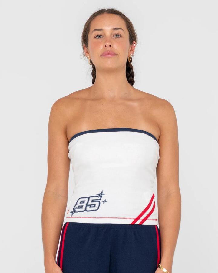 Image of a model wearing Tops. Productname: Rusty - Womens Hot Gossip R2K Tube Top - Off White - in Off White colour by brand - Rusty