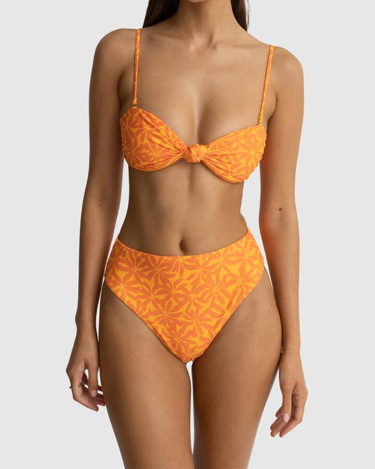 Image of a model wearing Tops. Productname: Rhythm - Womens Allegra Knot Bandeau Bikini Top - Orange - in Orange colour by brand - Rhythm