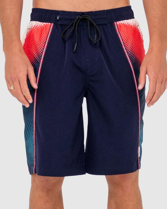 Image of Swimwear. Productname: Rusty Mens V8 Printed Elastic Boardshorts Navy Blue - in Navy Blue colour by brand - Rusty