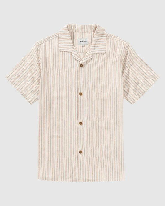 Image of a model wearing Tops. Productname: Rhythm - Mens Vacation Stripe Short Sleeve Shirt - Natural - in Natural colour by brand - Rhythm