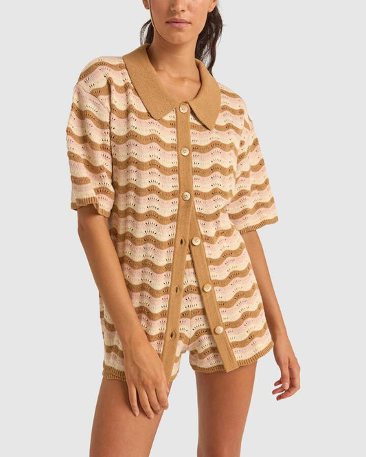 Image of a model wearing Shorts. Productname: Rhythm - Womens Aries Stripe Knit Short Sleeve Shirt - Natural - in Natural colour by brand - Rhythm
