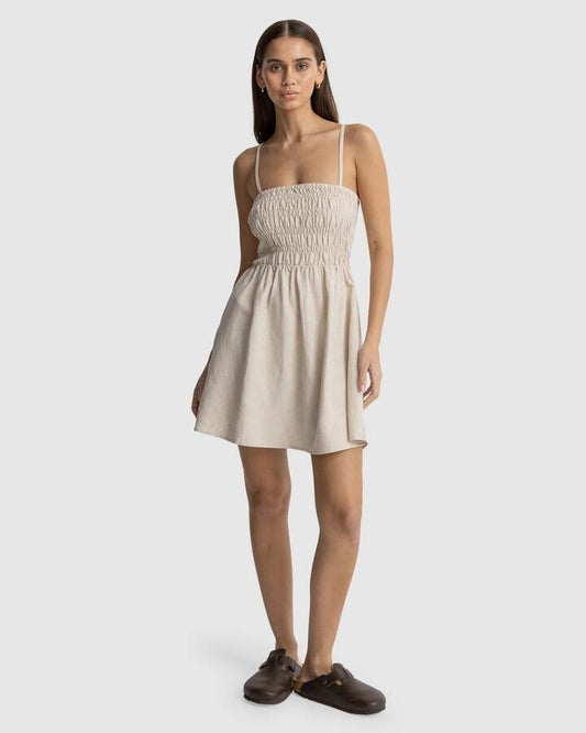 Image of Dresses. Productname: Rhythm - Womens Classic Shirred Mini Dress - Oat - in Oat colour by brand - Rhythm