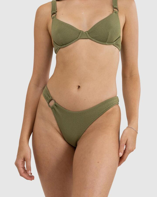 Image of Swimwear. Productname: Rhythm - Womens Avoca Ring Hi Cut Bikini Bottom - Olive - in Olive colour by brand - Rhythm
