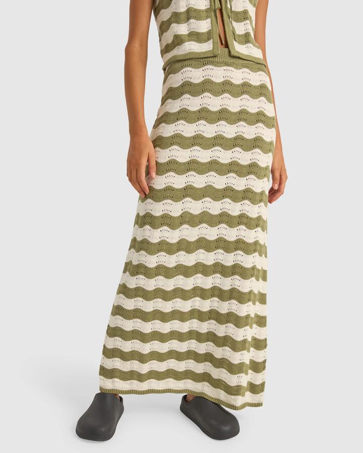 Image of a model wearing Skirts. Productname: Rhythm - Womens Carmens Stripe Knit Maxi Skirt - Sage - in Sage colour by brand - Rhythm