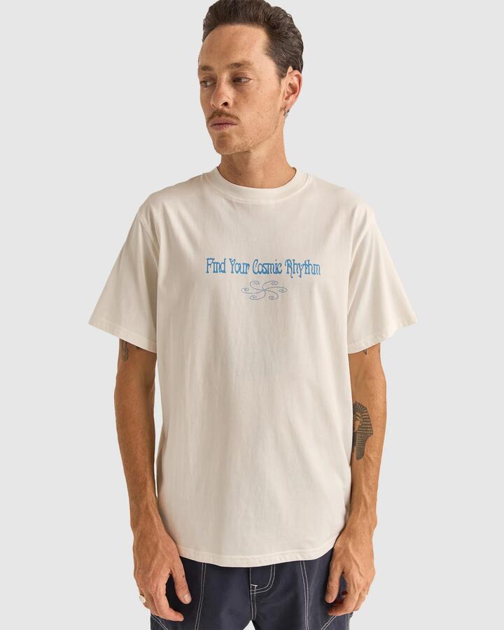 Image of a model wearing Tops. Product name - Rhythm Mens Star Vintage Short Sleeve T-Shirt Vintage White in Vintage White colour by brand - Rhythm