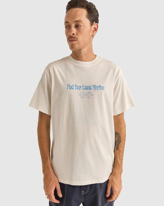 Image of a model wearing Tops. Product name - Rhythm Mens Star Vintage Short Sleeve T-Shirt Vintage White in Vintage White colour by brand - Rhythm