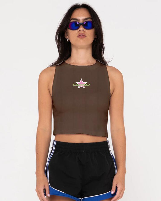 Image of a model wearing Tops. Productname: Rusty - Womens Starry Eyed Skimmer Tank Top - Java - in Java colour by brand - Rusty