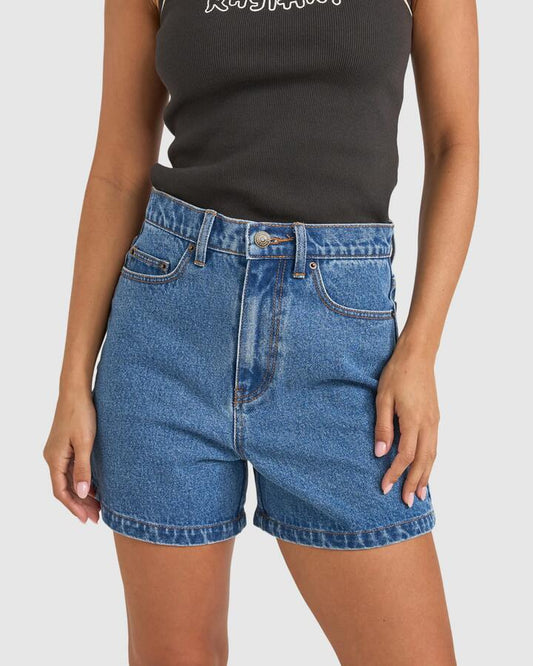 Image of a model wearing Shorts. Productname: Rhythm - Womens Brisa High Waist Denim Shorts - Sea Blue - in Sea Blue colour by brand - Rhythm