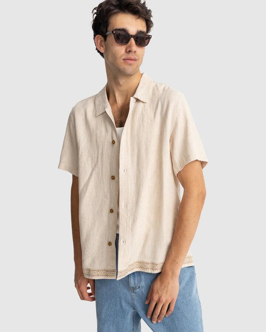 Image of a model wearing Tops. Productname: Rhythm - Mens Trim Short Sleeve Shirt - Natural - in Natural colour by brand - Rhythm