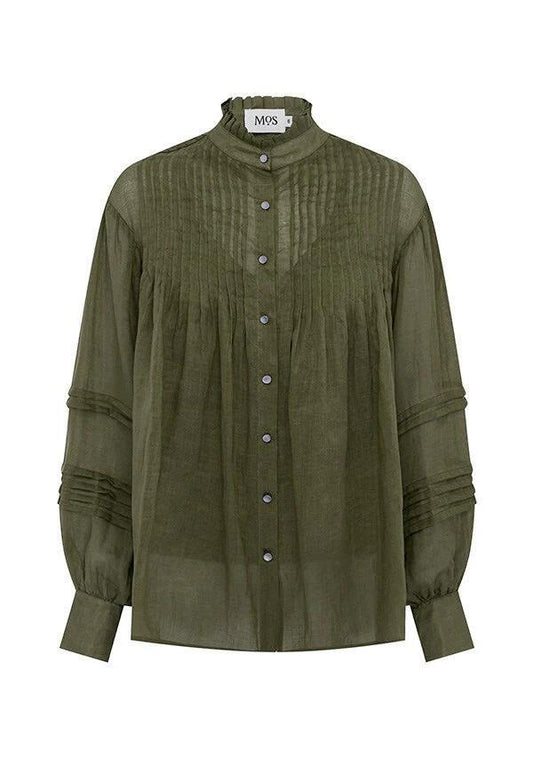 Image of a model wearing Tops. Productname: Aaliyah Blouse in Olive colour by brand - MOS The Label