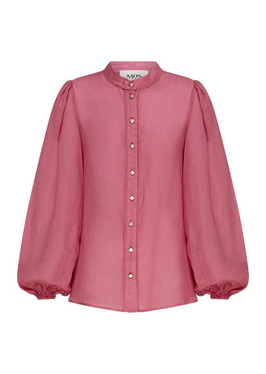 Image of a model wearing Tops. Productname: Aurora Blouse in Raspberry colour by brand - MOS The Label