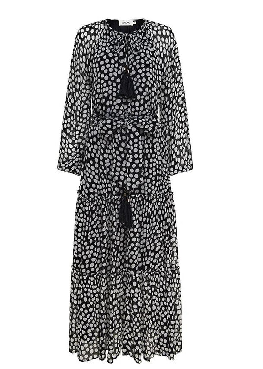 Image of a model wearing Dress. Productname: Ava Spots Midi Dress in Spots Print colour by brand - MOS The Label