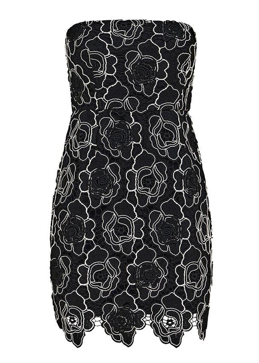 Image of a model wearing Dress. Productname: Dahlia Lace Mini Dress in Black colour by brand - MOS The Label