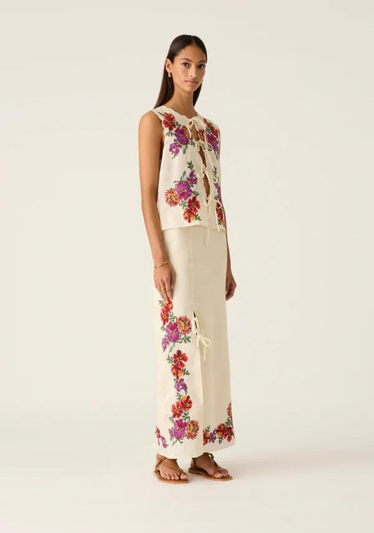 Image of a model wearing Skirts. Productname: Frida Embroidery Maxi Skirt in Ivory colour by brand - MOS The Label