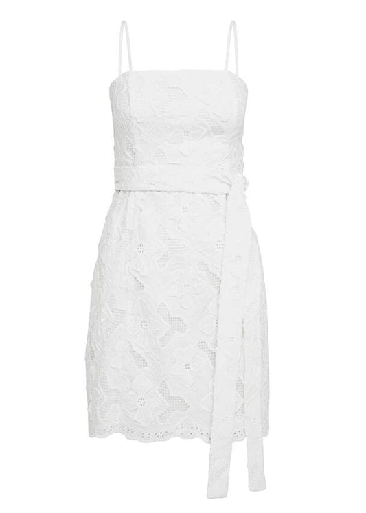 Image of a model wearing Dress. Productname: Luna Embroidery Mini Dress in White colour by brand - MOS The Label