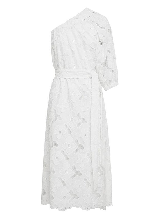 Image of a model wearing Dress. Productname: Luna Embroidery One Shoulder Dress in White colour by brand - MOS The Label