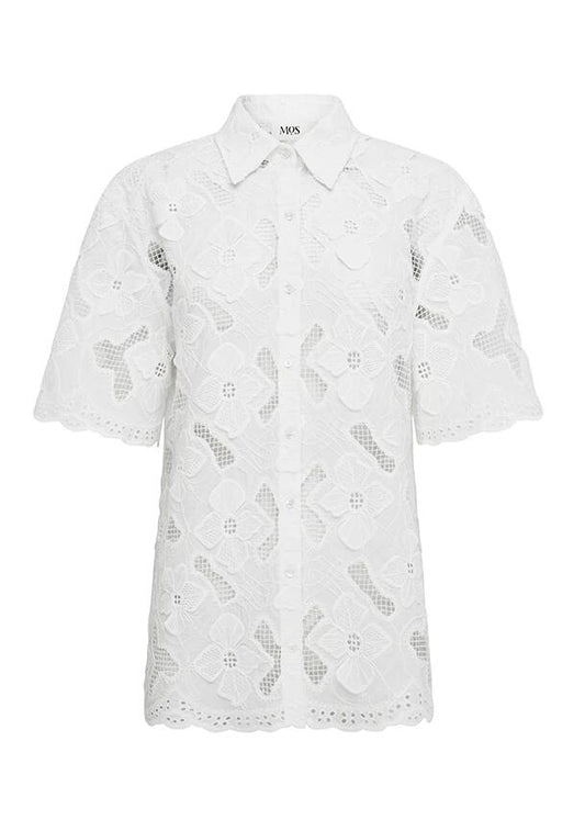 Image of a model wearing Tops. Productname: Luna Embroidery Shirt in White colour by brand - MOS The Label