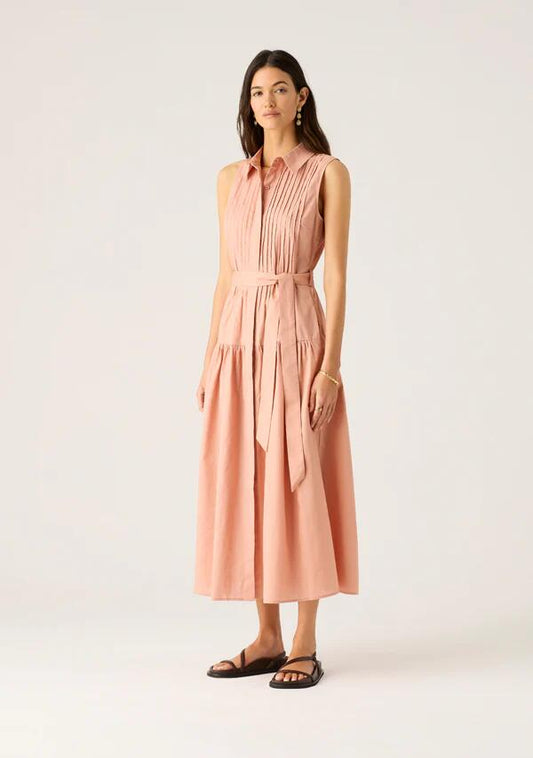 Image of a model wearing Dress. Productname: Aurelia Shirt Dress in Mellow Peach colour by brand - MOS The Label