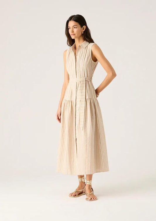 Image of a model wearing Dress. Productname: Francisca Midi Dress in Sable Stripes colour by brand - MOS The Label