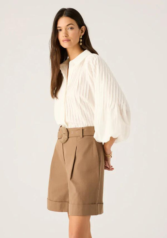 Image of a model wearing Shorts. Productname: Nina Bermuda in Chocolate colour by brand - MOS The Label