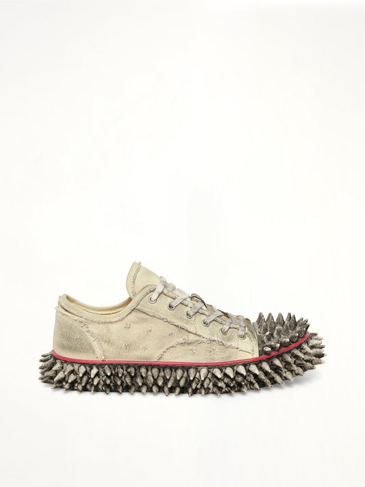Image of Sneakers. Product name - Dirty Spike Toe Cap Canvas Sneaker in White colour by brand - DOUBLET