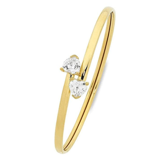 Image of Jewelry. Productname: 60mm Cubic Zirconia Heart Torque Bangle in 9kt Yellow Bonded Gold in Gold colour by brand - Bevilles