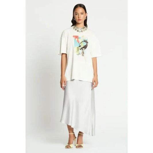 Image of a model wearing Skirts. Productname: Vague Love Midi Skirt in Silver colour by brand - sass and bide