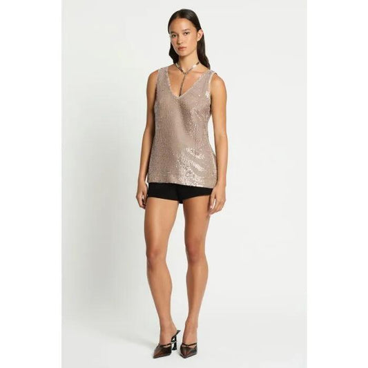 Image of a model wearing Tops. Productname: Selkie Sequin Top in MINERAL colour by brand - sass and bide