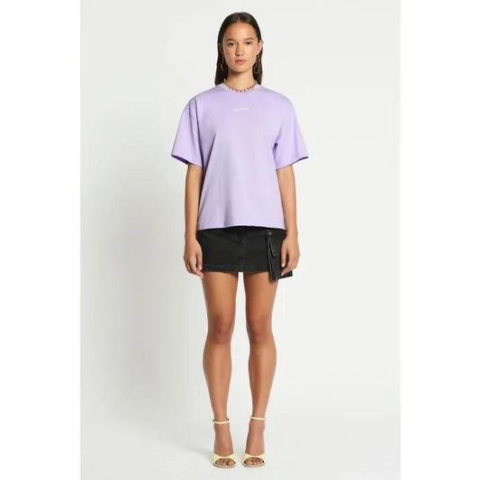 Image of a model wearing Tops. Productname: Sweet Tooth Logo Tee in Purple colour by brand - sass and bide