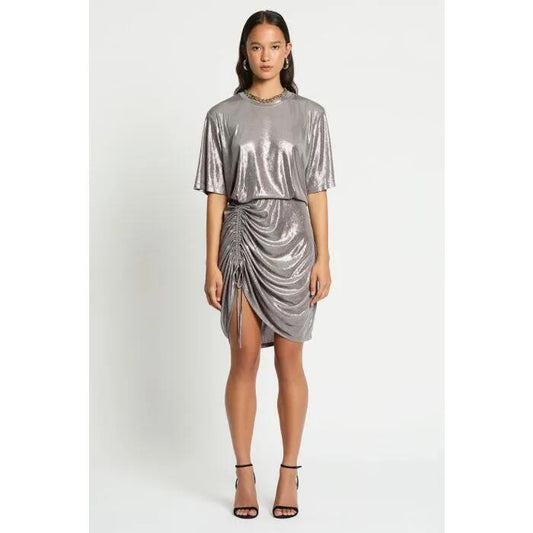 Image of a model wearing Dress. Productname: Radar Jersey Dress in Silver colour by brand - sass and bide