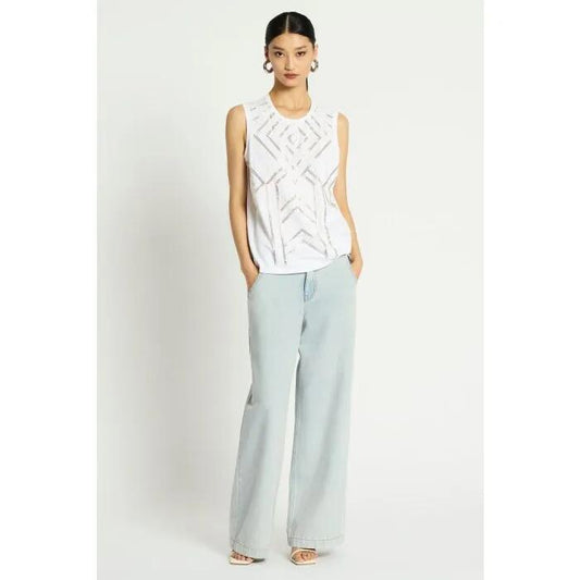 Image of a model wearing Tops. Productname: Fragment Beaded Tank in White colour by brand - sass and bide