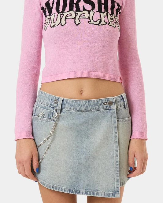 Image of a model wearing Skirts. Productname: Worship - Womens Vexed Denim Mini Skirt - Dirty Trade Blue - in Dirty Trade Blue colour by brand - Worship