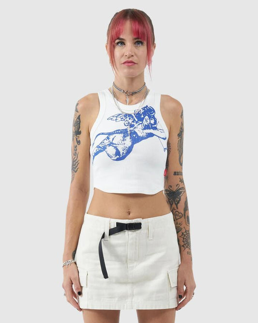 Image of a model wearing Tops. Productname: Worship - Womens Cherub Curve Tank Top - Bone - in Bone colour by brand - Worship