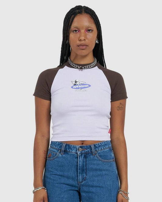 Image of T-Shirts. Product name - Worship Womens Offerings Slim Raglan T-Shirt Orchid Hush in Orchid Hush colour by brand - Worship