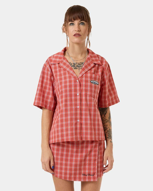 Image of a model wearing Tops. Productname: Worship - Womens Class Boxy Fit Short Sleeve Shirt - Tomato Red - in Tomato Red colour by brand - Worship