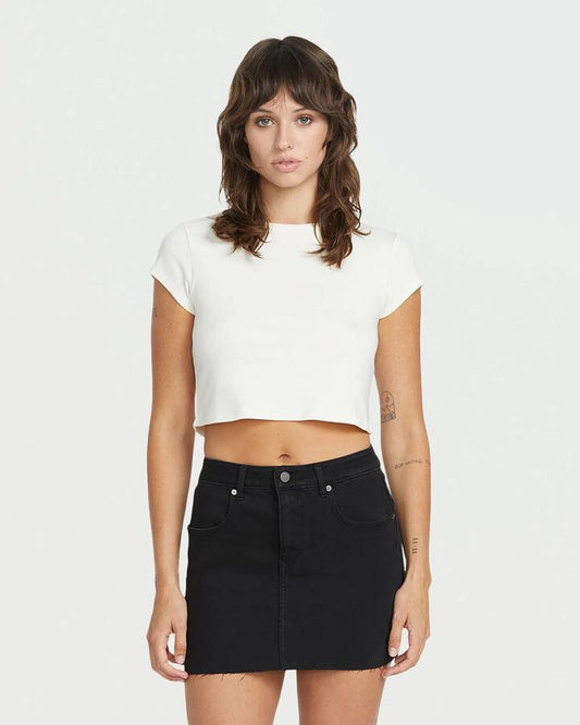 Image of a model wearing Skirts. Productname: Volcom - Womens Dropping In Mini Skirt - Black - in Black colour by brand - Volcom