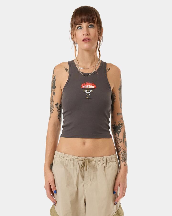 Image of a model wearing Tops. Productname: Worship Womens Chalice Racer Tank Worn Black - in Worn Black colour by brand - Worship