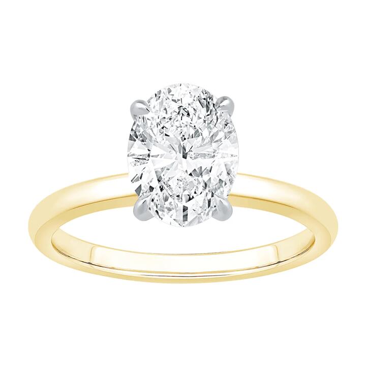 Image of Jewelry. Productname: 2.00ct Laboratory-Grown Diamond Oval Cut Solitaire Ring in 18kt Yellow Gold and 18kt White Gold in Diamond colour by brand - Bevilles