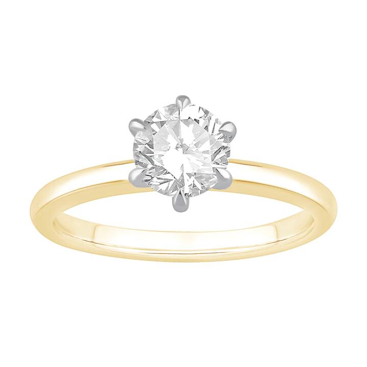 Image of Jewelry. Productname: 1.00ct Laboratory Grown Diamond Solitaire Ring in 18kt Yellow Gold and 18kt White Gold in Diamond colour by brand - Bevilles