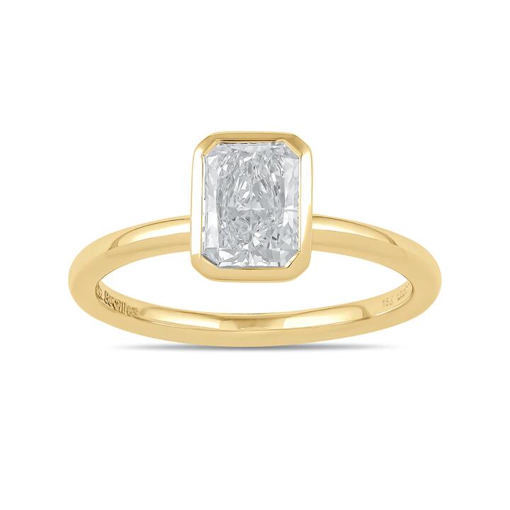 Image of Jewelry. Productname: 1.00ct Laboratory Grown Diamond Radiant Cut Solitaire Ring in 18kt Yellow Gold in Diamond colour by brand - Bevilles
