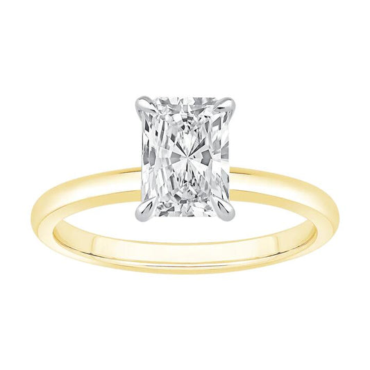 Image of Jewelry. Productname: 1.50ct Laboratory-Grown Diamond Radiant Cut Solitaire Ring in 18kt Yellow and White Gold in Diamond colour by brand - Bevilles