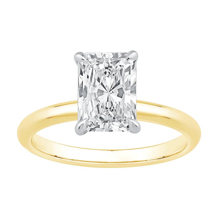 Image of Jewelry. Productname: 2.00ct Laboratory Grown Diamond Radiant Cut Solitaire Ring in 18kt Yellow and White Gold in Diamond colour by brand - Bevilles