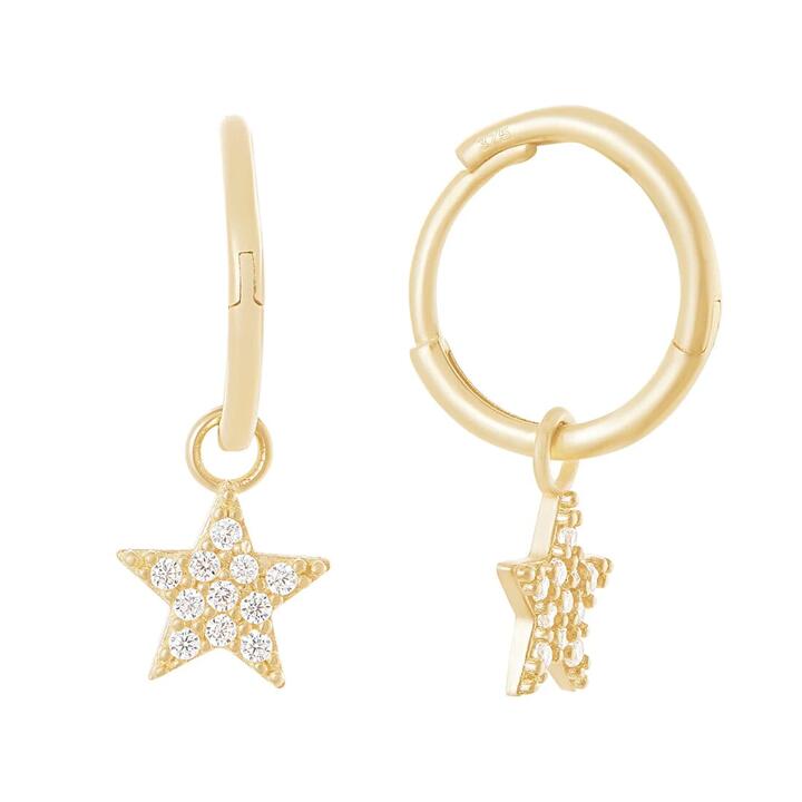 Image of Earrings. Productname: 9kt Yellow Gold Pave Flower Charms Hoop Earrings with Cubic Zirconia in Gold colour by brand - Bevilles