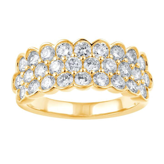 Image of a model wearing Dress. Productname: 3 Row Dress Ring with 1.70ct of Laboratory Grown Diamonds in 9kt Yellow Gold in Diamond colour by brand - Bevilles
